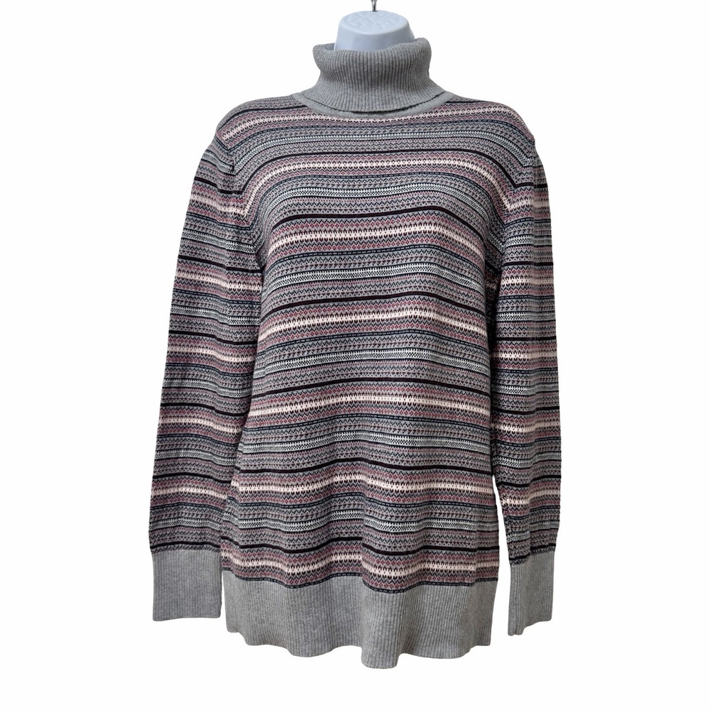 LL Bean Womens Fair Isle Cotton Cashmere‎ Turtleneck Sweater Size XL Gray Layers